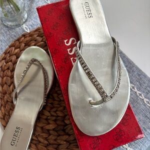 GUESS Silver Crystal-Embellished Flip Flop Sandals